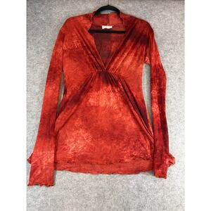 VINTAGE Kokoon Top Womens Small Red Tie Dye Sheer Long Sleeve Blouse Boho Y2K